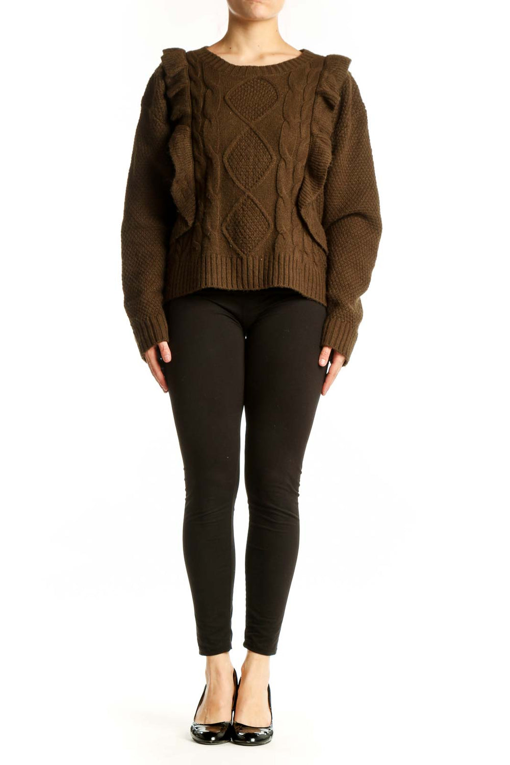 Brown cable knit sweater with ruffle shoulder detail and cable pattern front view