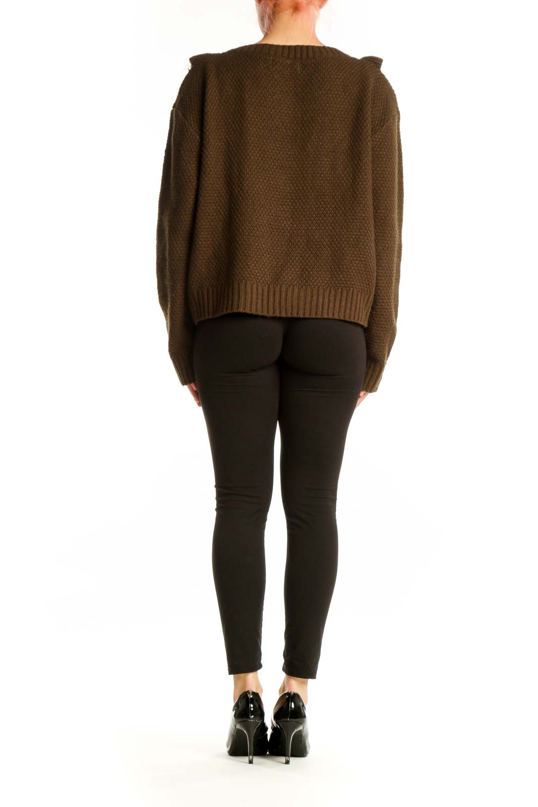 Brown cable knit sweater with ruffle detail back view on model