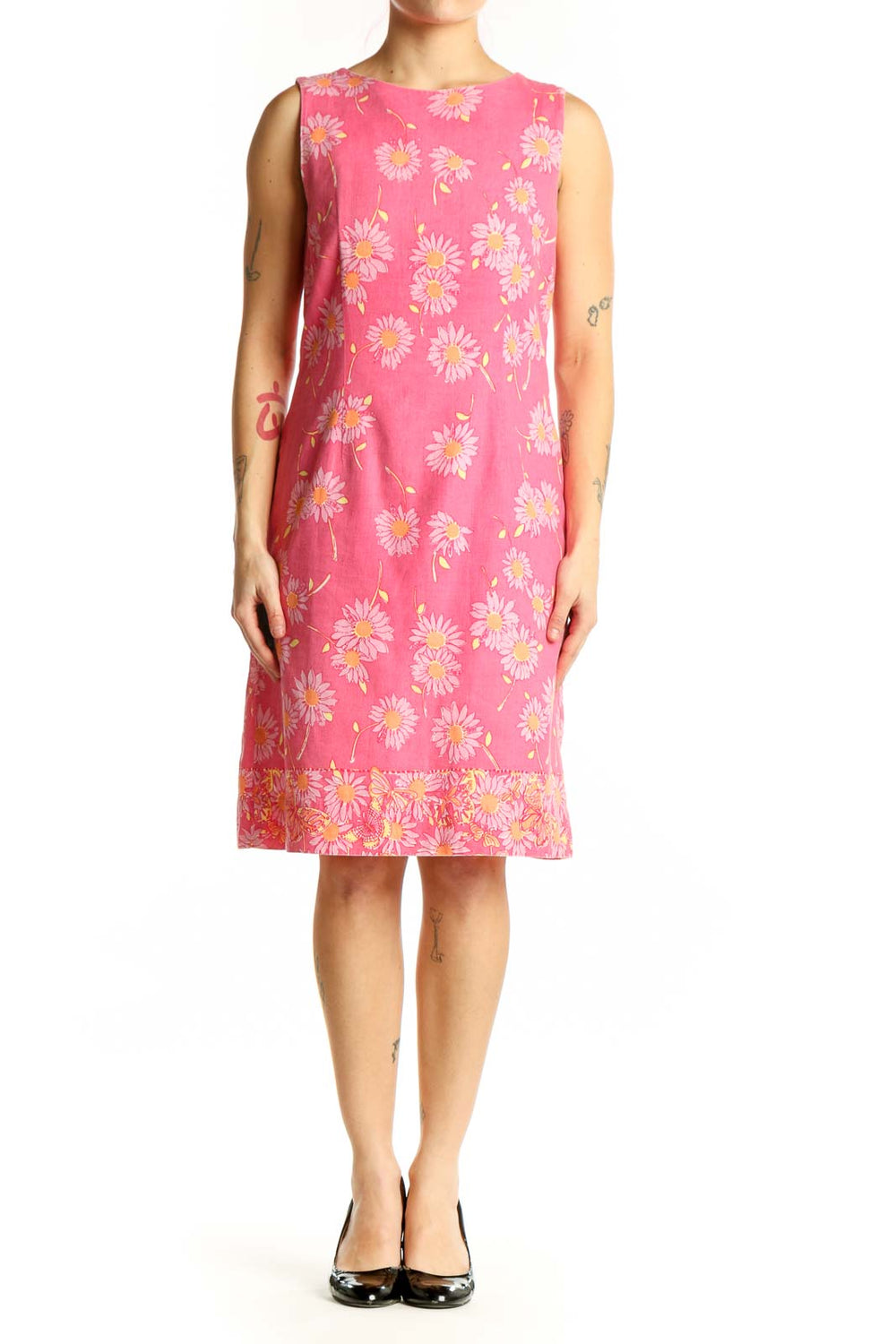 lilly pulitzer a line dress Lilly Pulitzer Womens Floral Pink Hawaiian A Line Midi Dress Medium 3/4 Sleeves