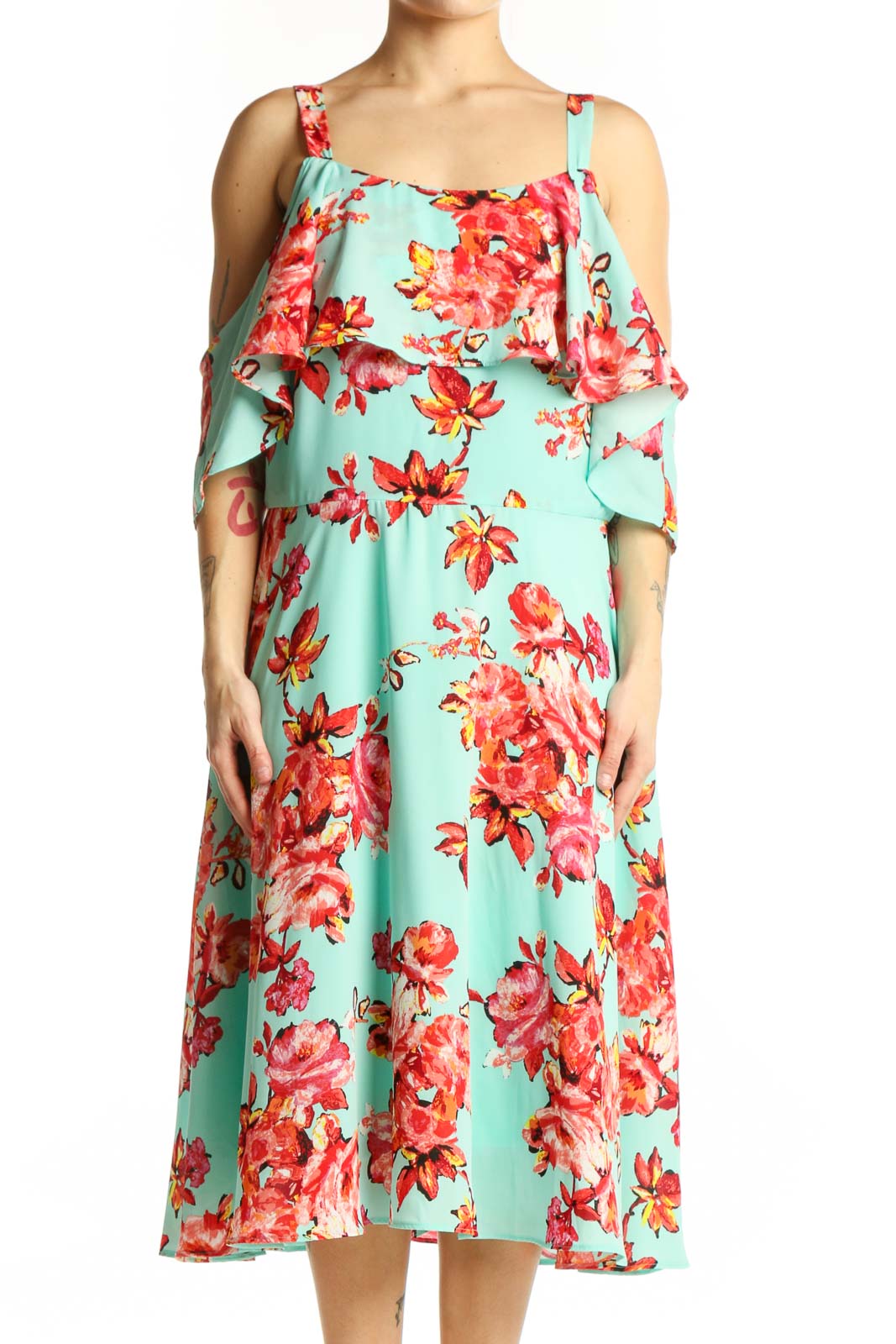 Mint green floral midi dress with cold shoulder ruffled sleeves and red coral flower pattern