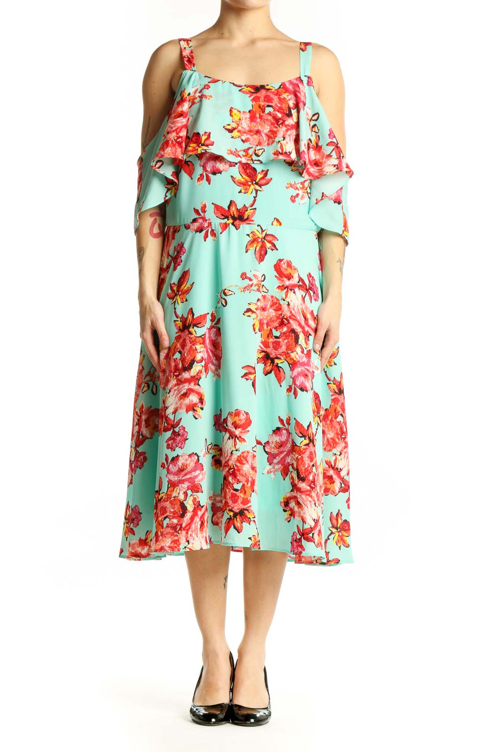 Mint green floral midi dress with cold shoulder ruffled sleeves and red coral flower pattern