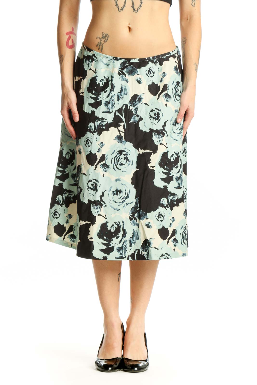 Black and cream floral A-line midi skirt by Talbots, front view showing rose print pattern and flattering silhouette