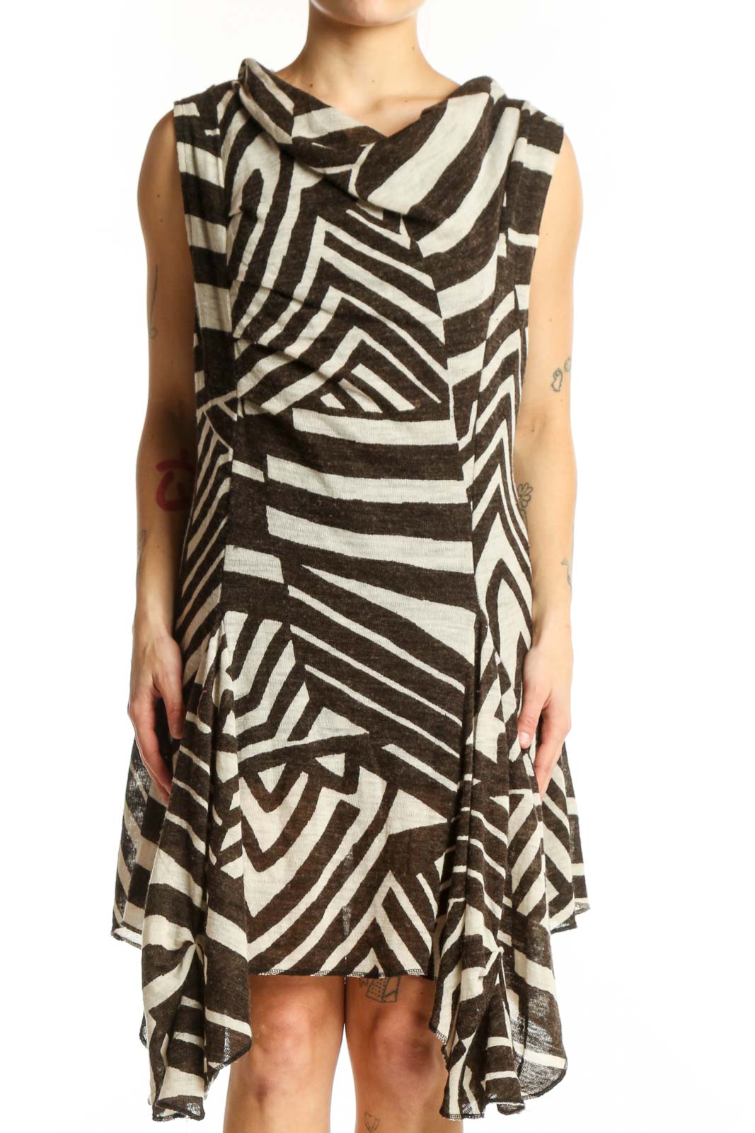 Black and cream zebra print asymmetrical dress with draped cowl neckline, front view