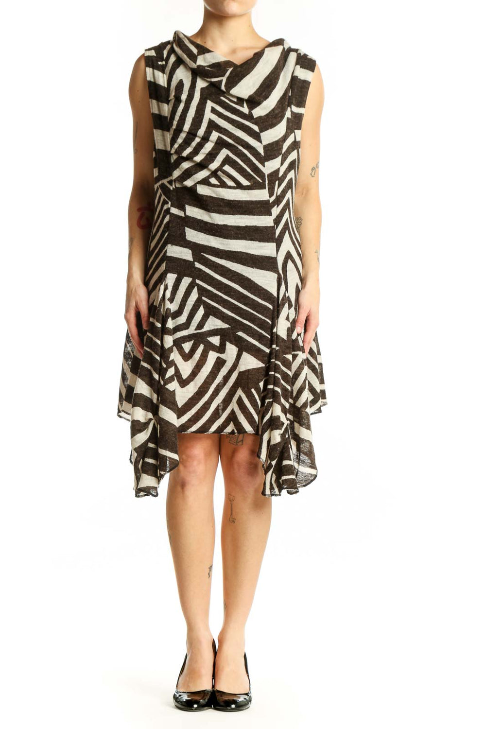 Black and cream zebra print asymmetrical dress with draped cowl neckline, front view