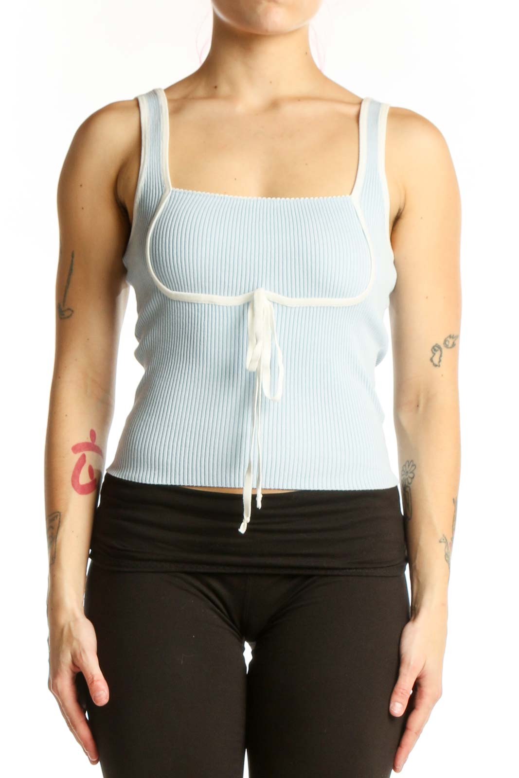 White ribbed square neck tank top with drawstring detail and fitted silhouette, front view