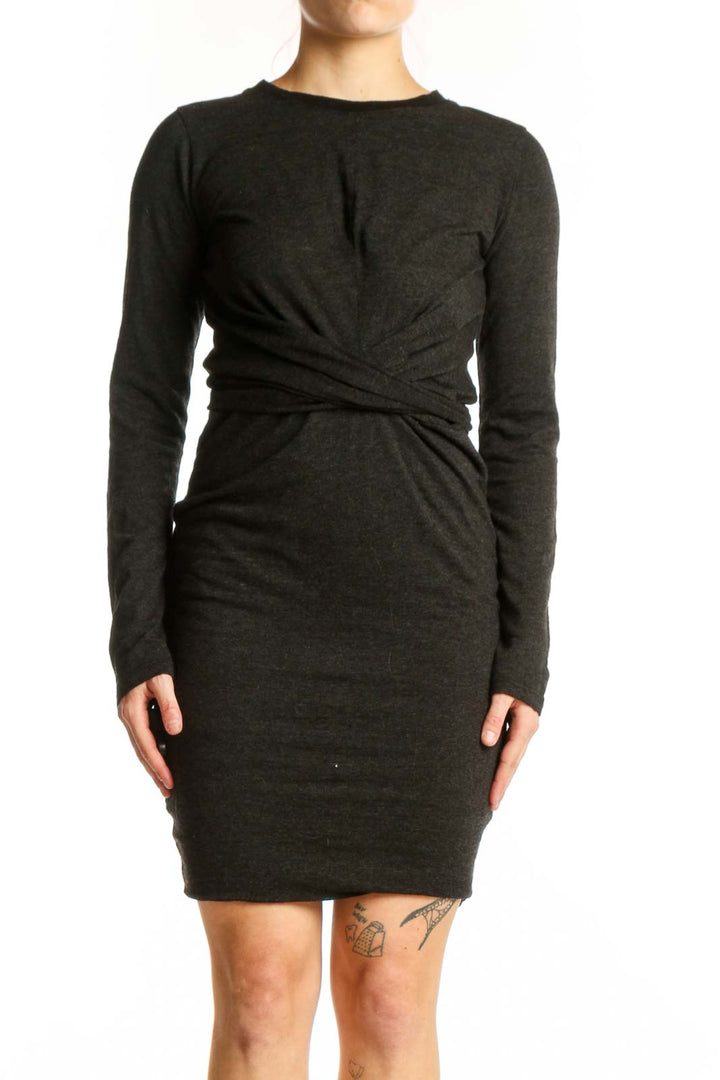 Front view of charcoal heathered long sleeve wrap dress with fitted waist detail by MONROW