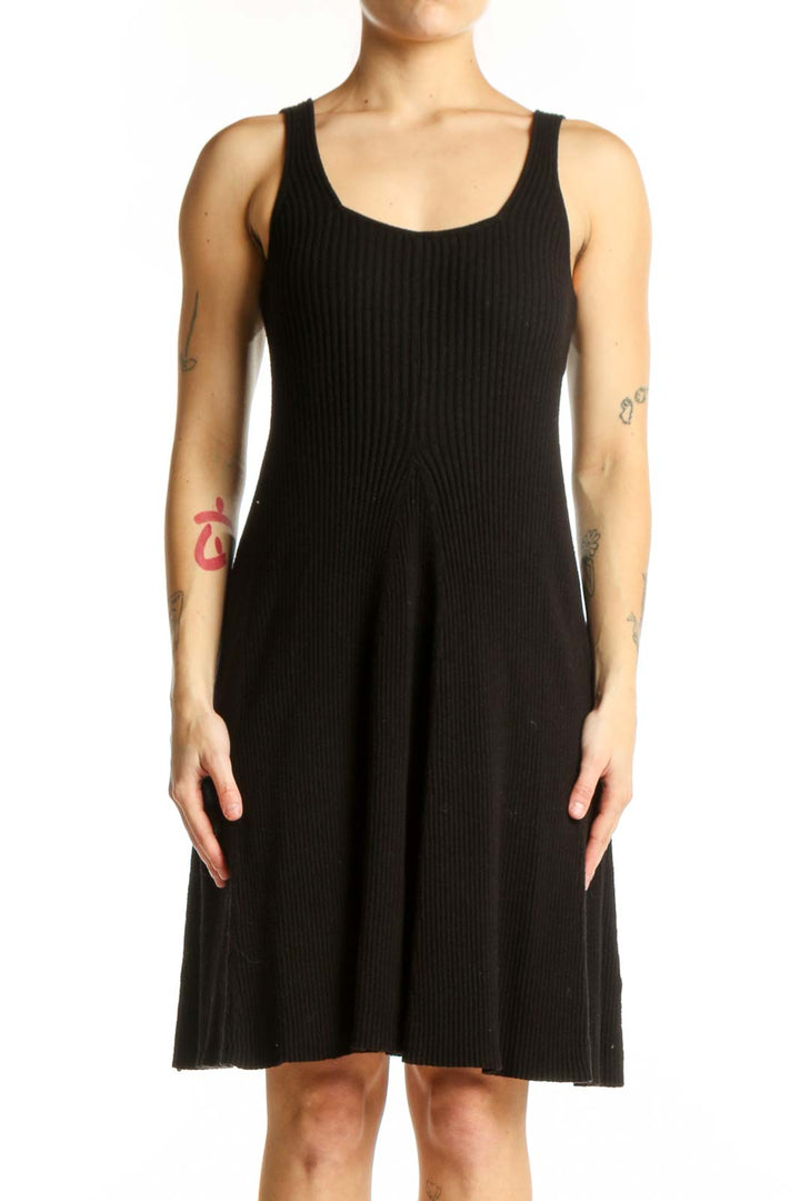 Black ribbed tank dress with A-line silhouette and scoop neckline, front view