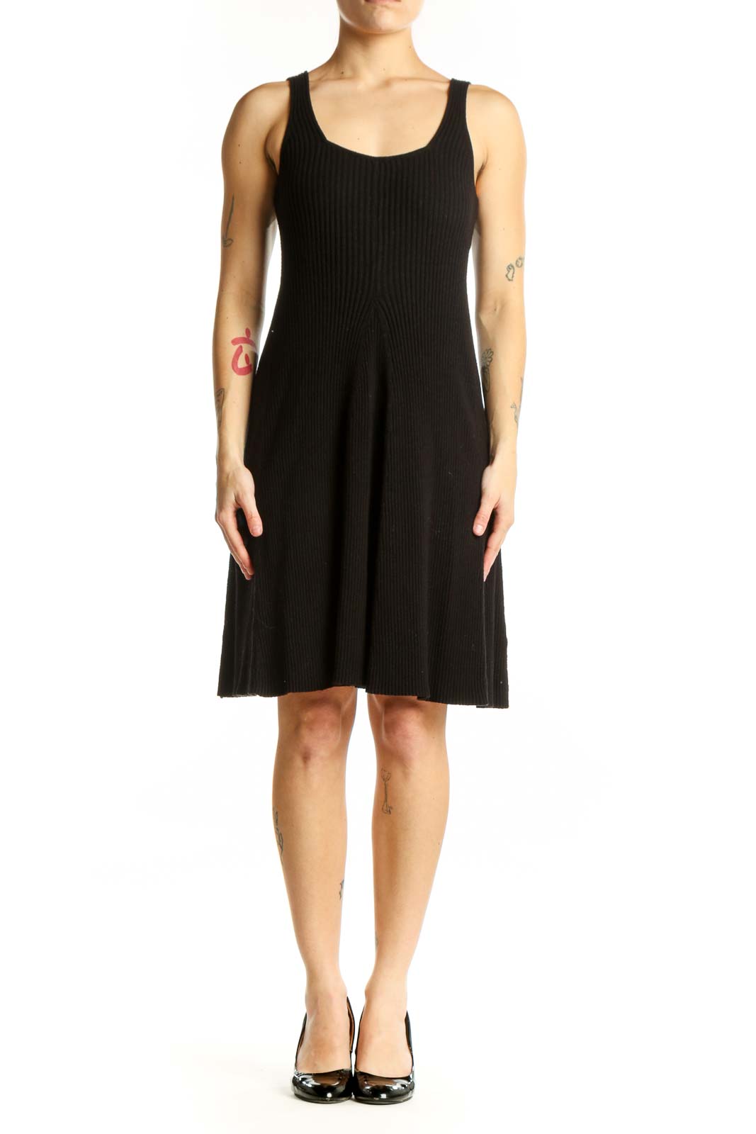 Black ribbed tank dress with A-line silhouette and scoop neckline, front view