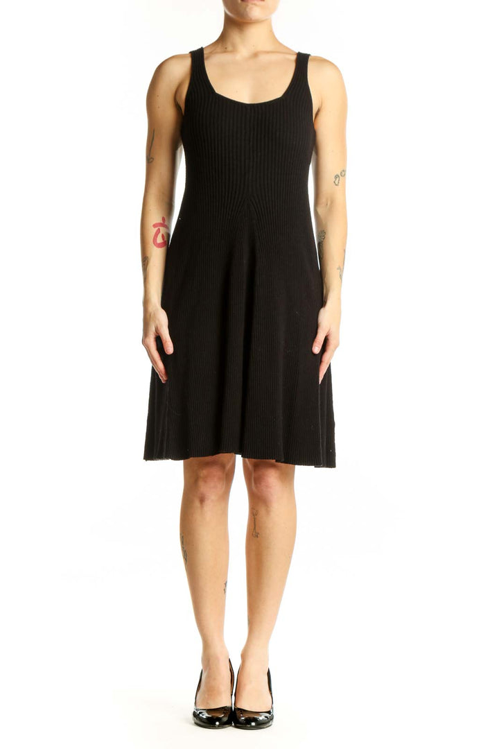 Black ribbed tank dress with A-line silhouette and scoop neckline, front view