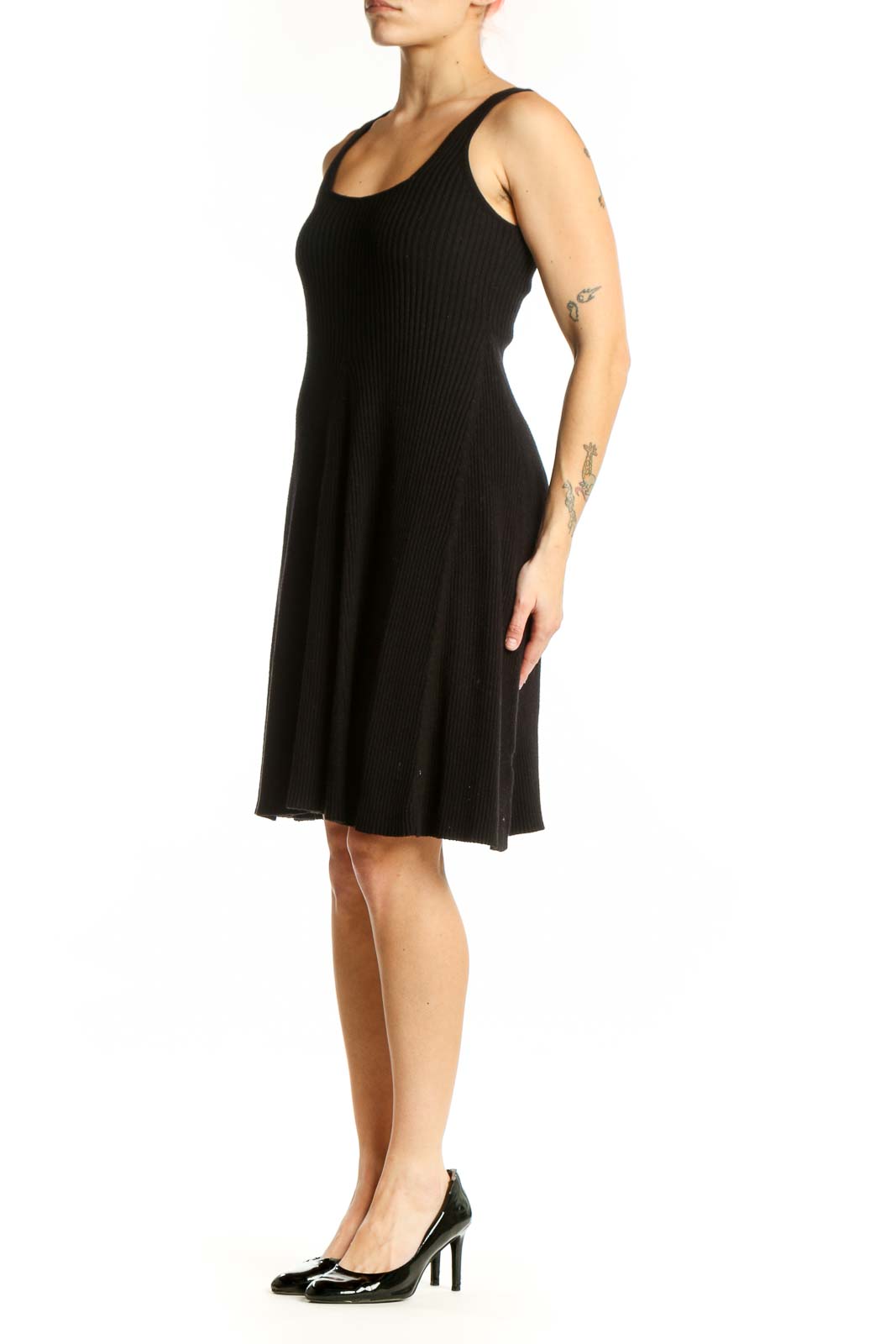 Black ribbed tank dress with A-line silhouette and scoop neckline, front view