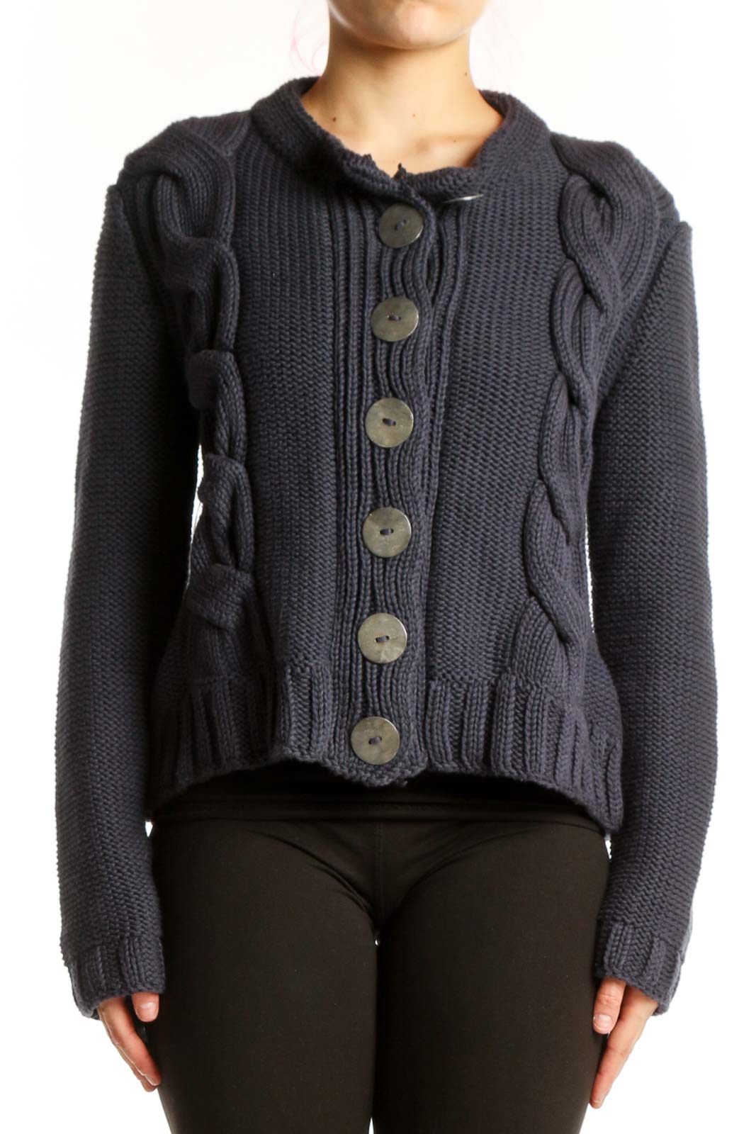 Navy cable knit cotton cardigan with button front closure and decorative cable patterns on sides