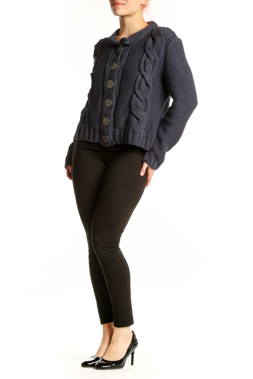Navy cable knit cotton cardigan with button front closure and decorative cable patterns on sides