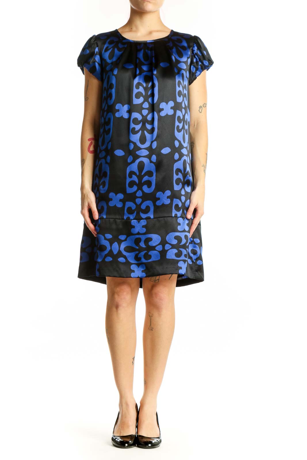 Black and blue floral print INC shift dress with cap sleeves, front view
