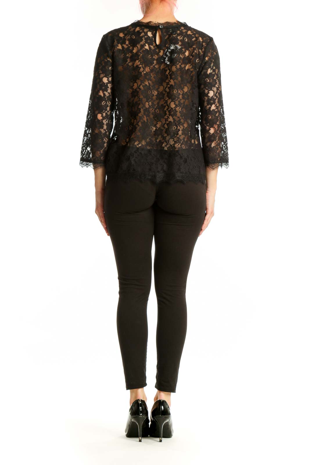 Black lace top with three-quarter sleeves, back view showing elegant lace detailing