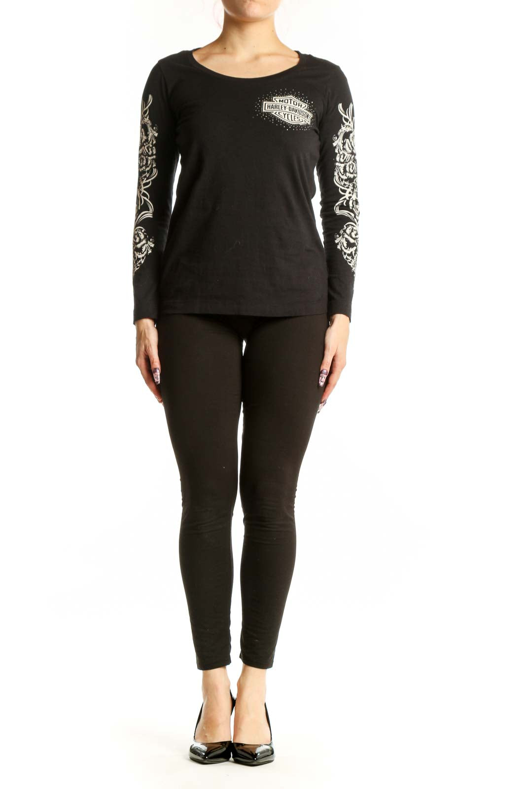 Black Harley Davidson long sleeve graphic tee with white tribal wing designs on sleeves and embellished logo on chest