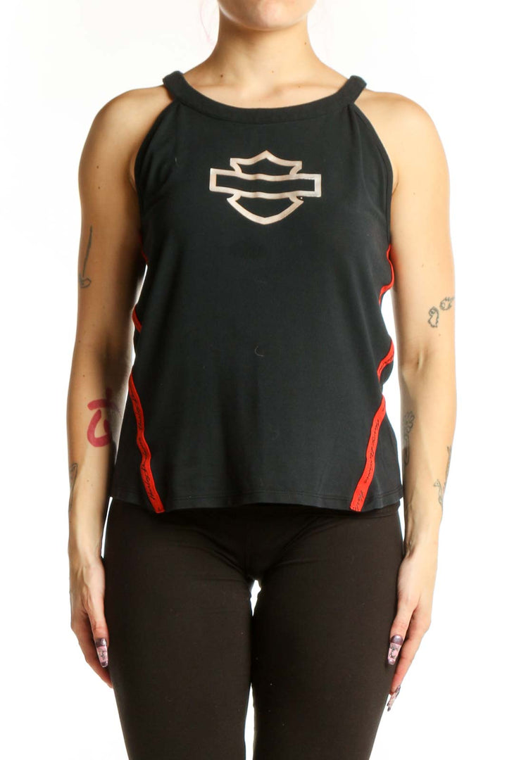 Black Harley Davidson tank top with white bar and shield logo and red side stripes, front view