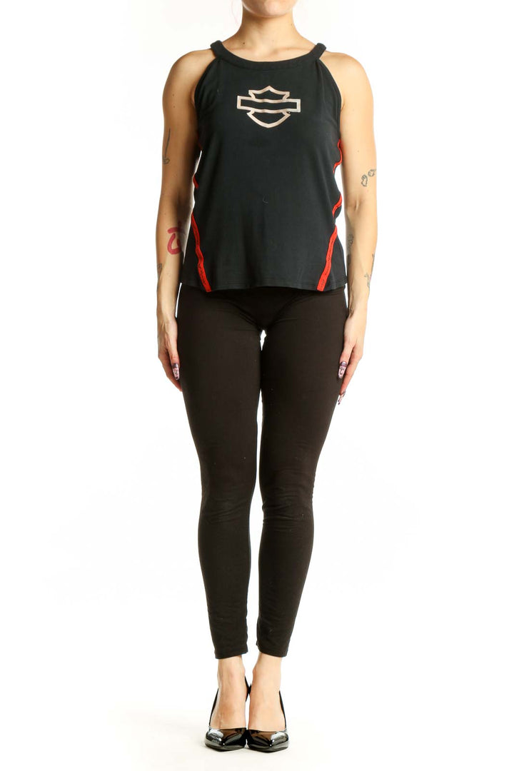 Black Harley Davidson tank top with white bar and shield logo and red side stripes, front view