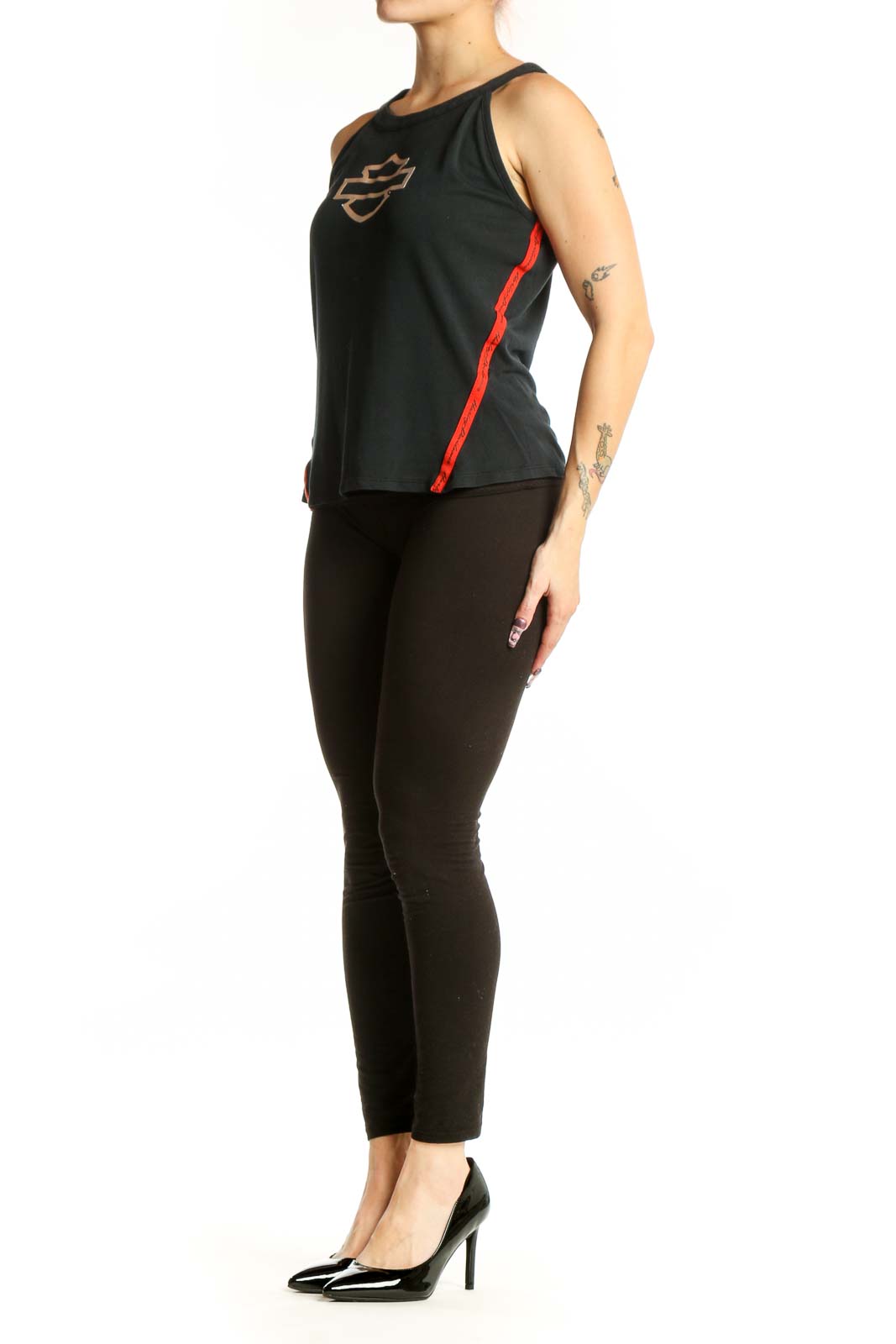 Black Harley Davidson tank top with white bar and shield logo and red side stripes, front view