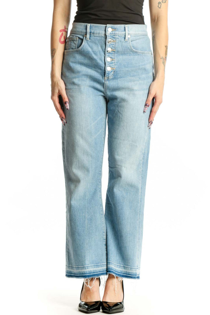 Light blue high-waisted straight leg jeans from LOFT with button-fly closure and faded wash, front view