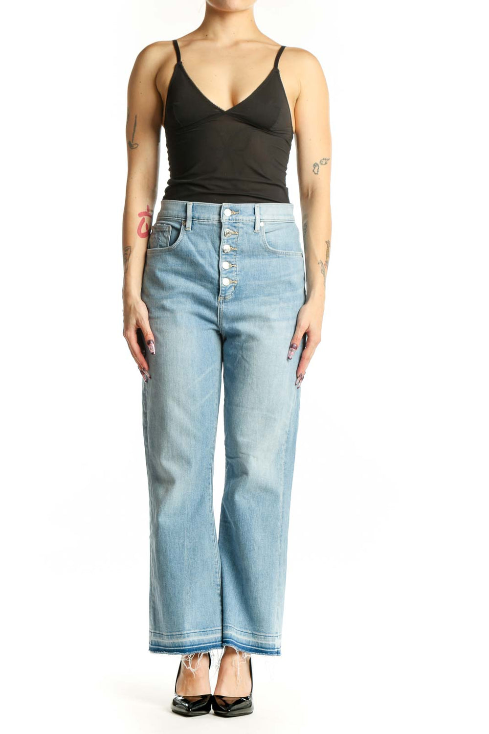 Light blue high-waisted straight leg jeans from LOFT with button-fly closure and faded wash, front view