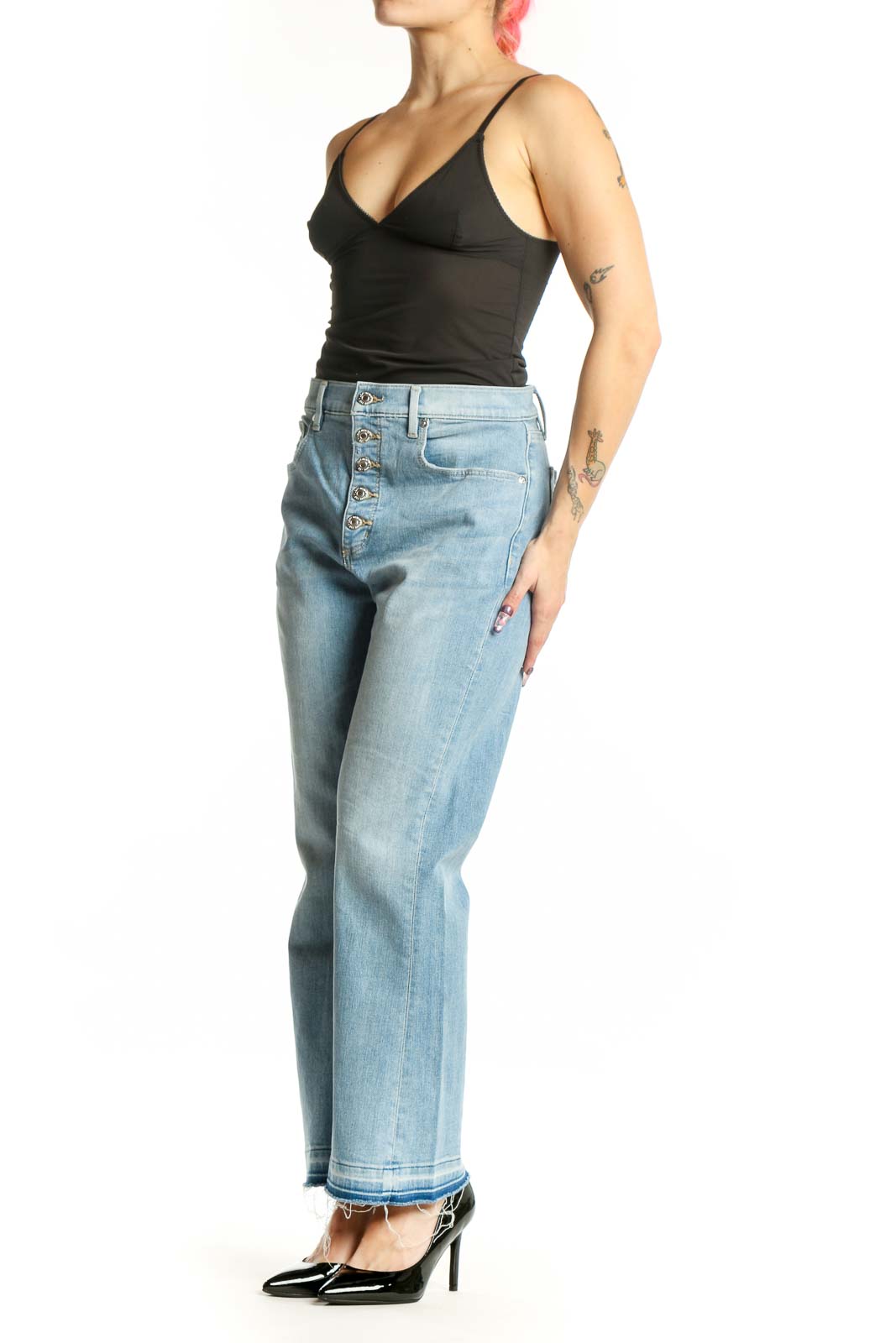 Light blue high-waisted straight leg jeans from LOFT with button-fly closure and faded wash, front view