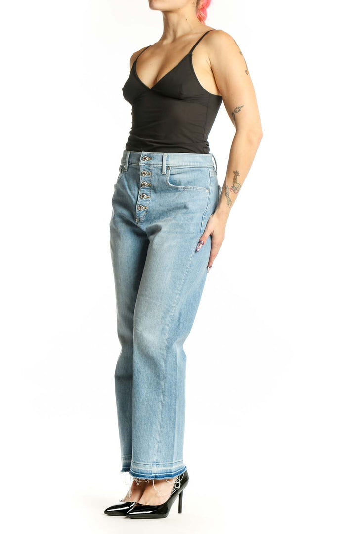 Light blue high-waisted straight leg jeans from LOFT with button-fly closure and faded wash, front view