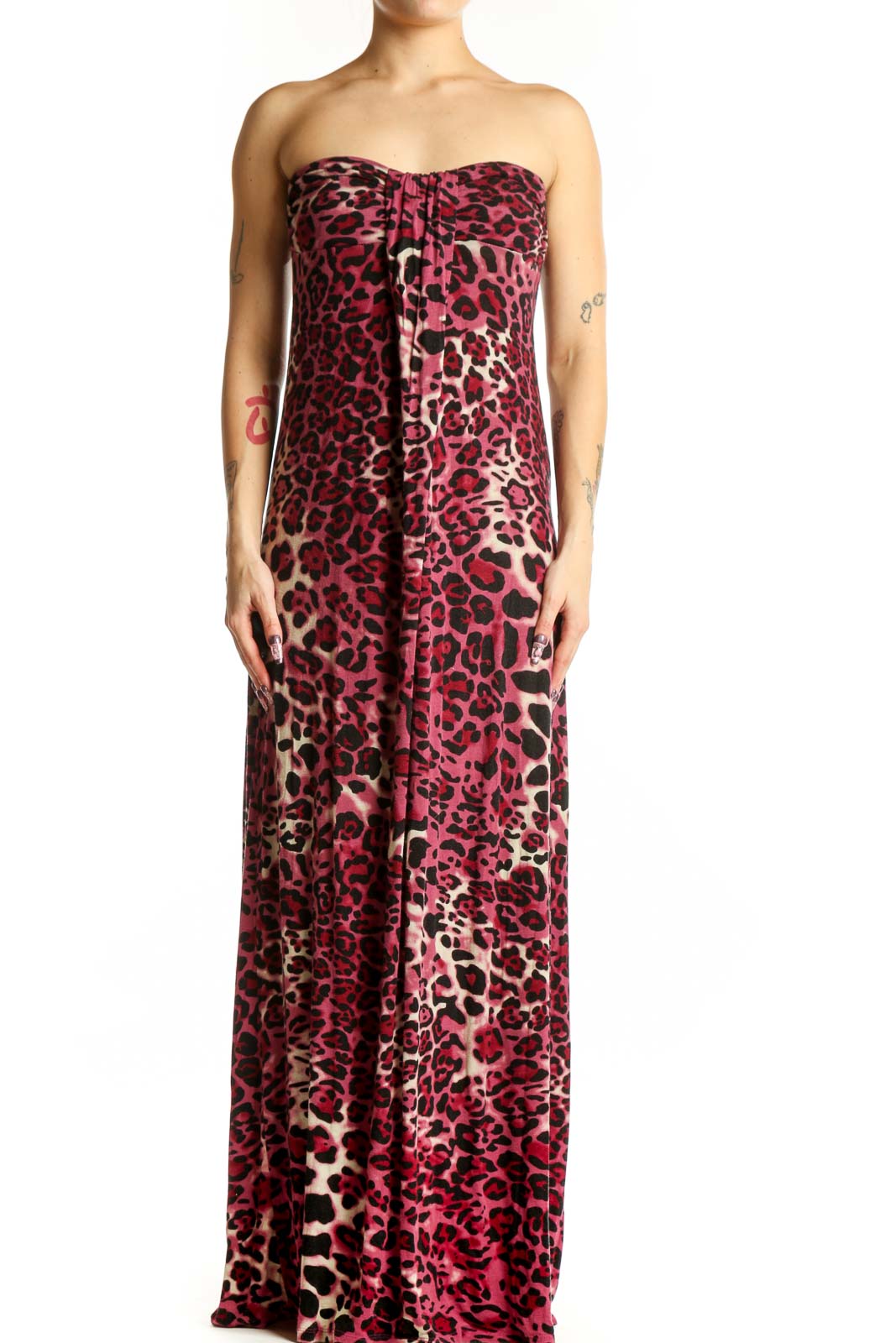 Burgundy leopard print strapless maxi dress with sweetheart neckline, front view