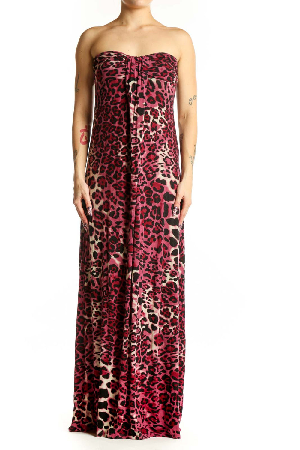 Burgundy leopard print strapless maxi dress with sweetheart neckline, front view