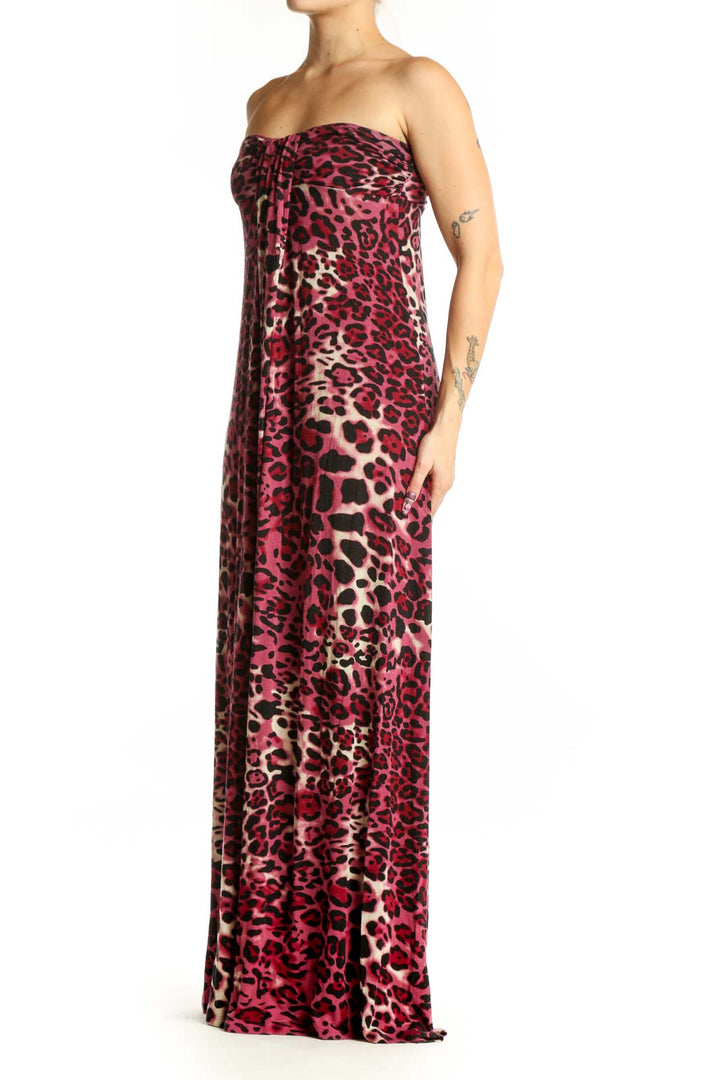 Burgundy leopard print strapless maxi dress with sweetheart neckline, front view