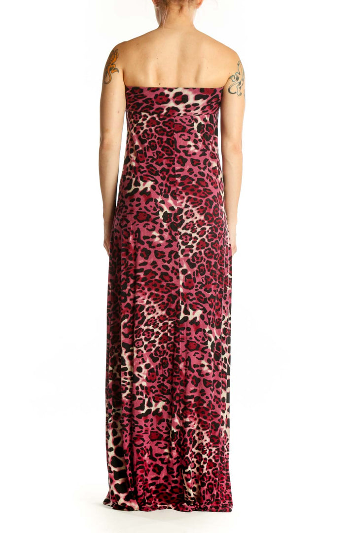 Burgundy leopard print strapless maxi dress with sweetheart neckline, back view