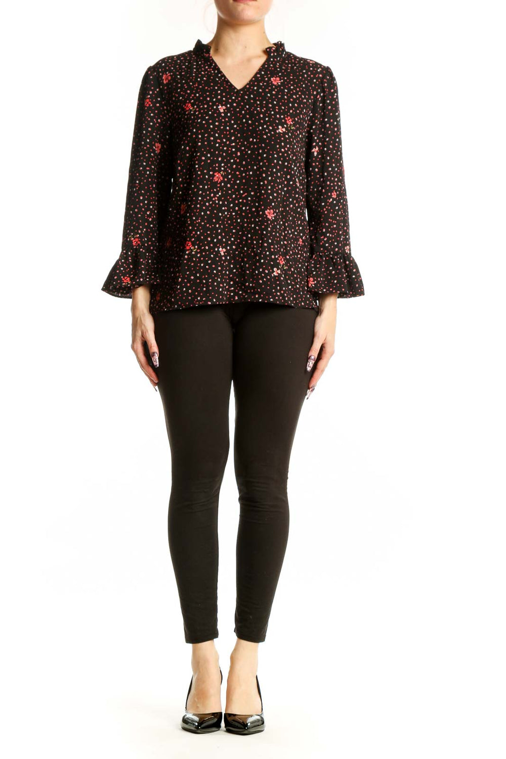 Black floral top with red and gold blooms and ruffle three-quarter sleeves, front view