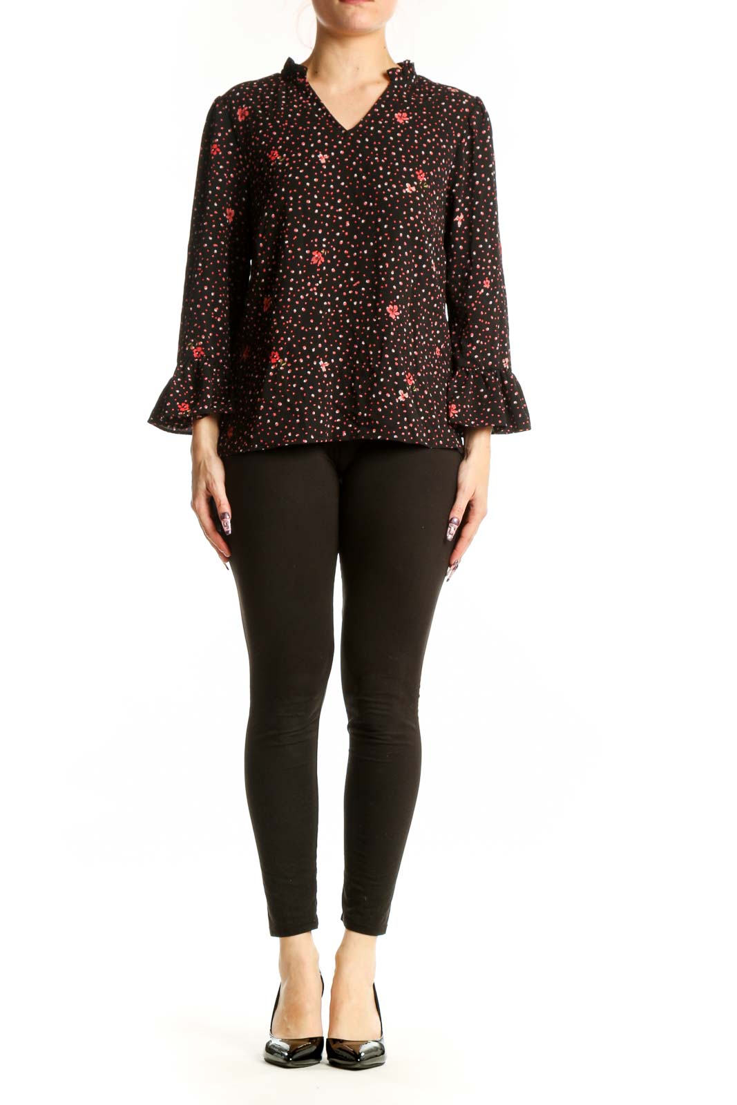 Black floral top with red and gold blooms and ruffle three-quarter sleeves, front view