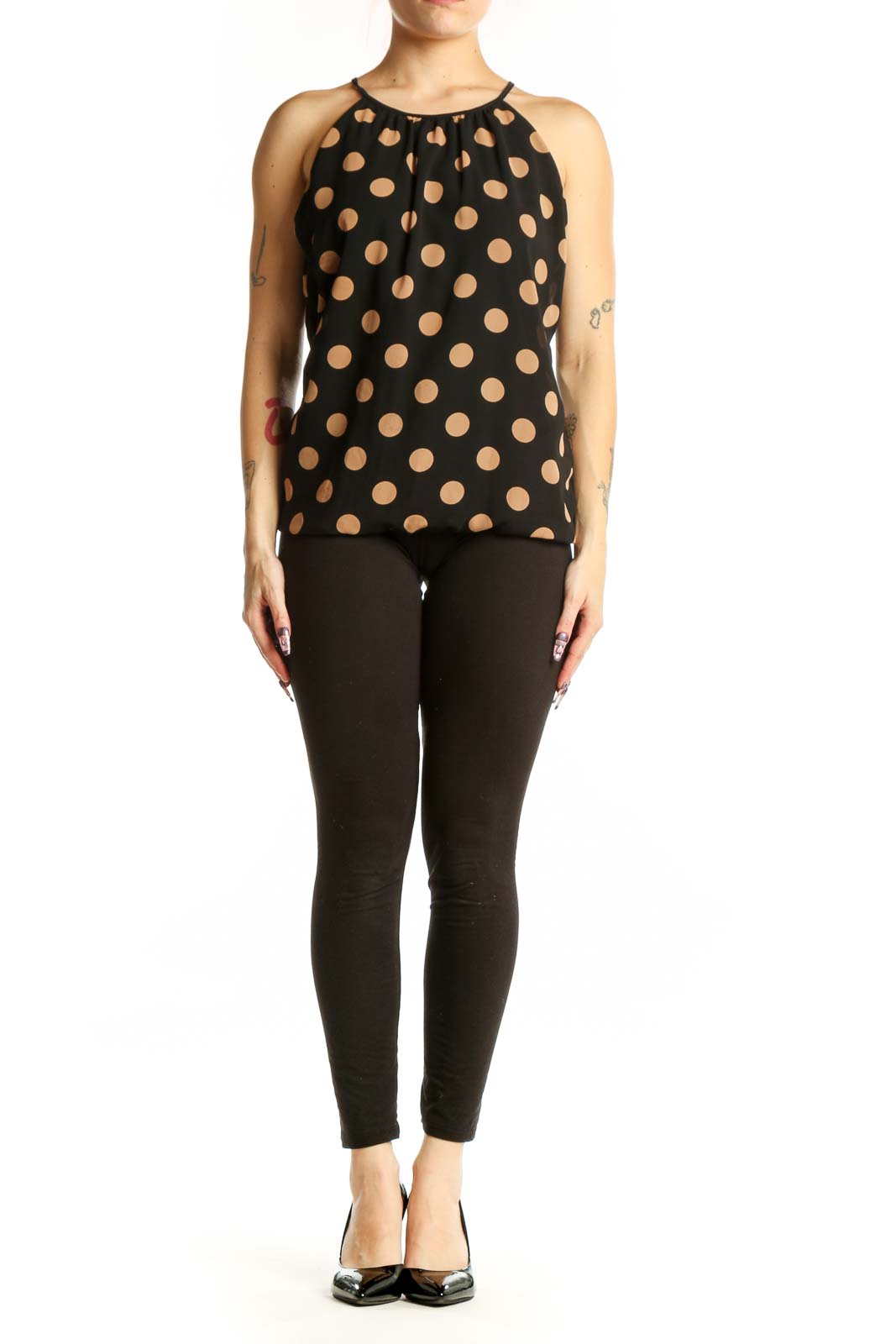 Black polka dot halter tank top with tan dots and gathered neckline, front view