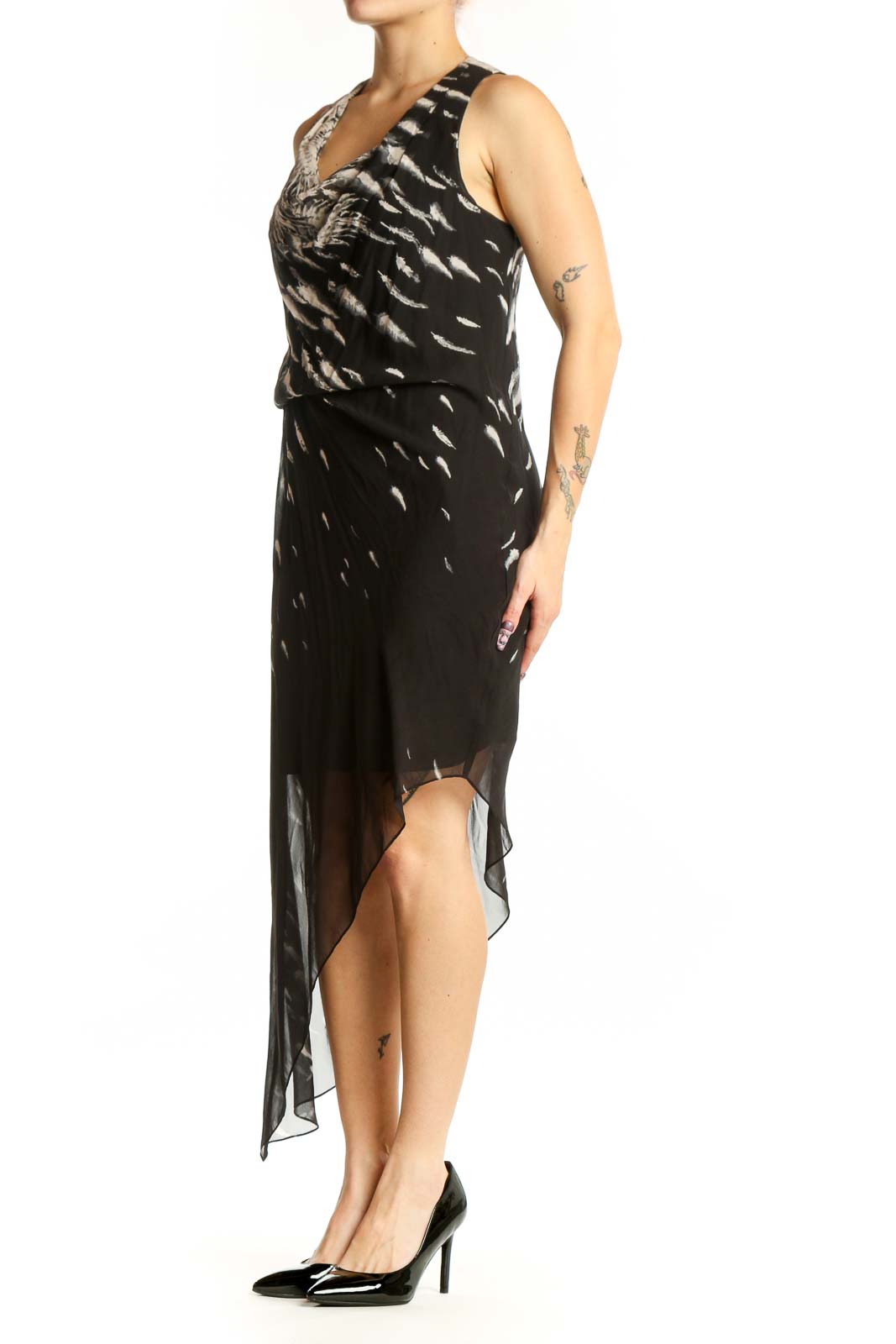 Black feather print wrap dress with asymmetrical hemline and sheer overlay, front view