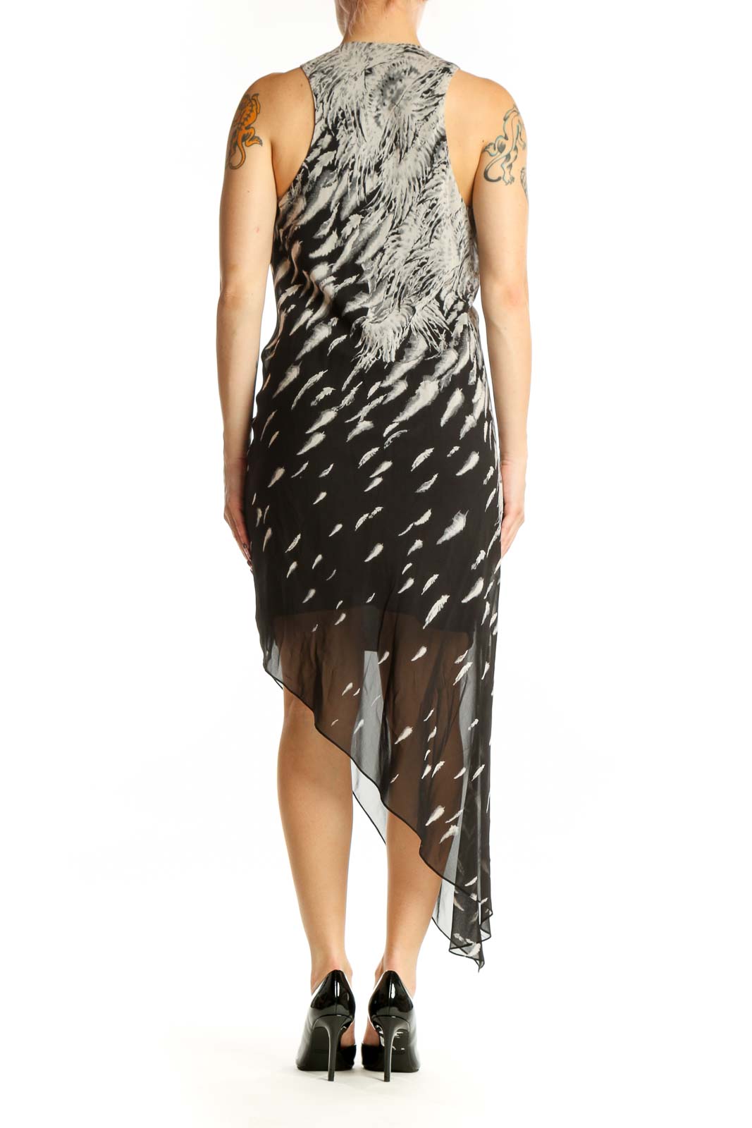 Black feather print wrap dress with asymmetrical hemline, back view showing draping detail