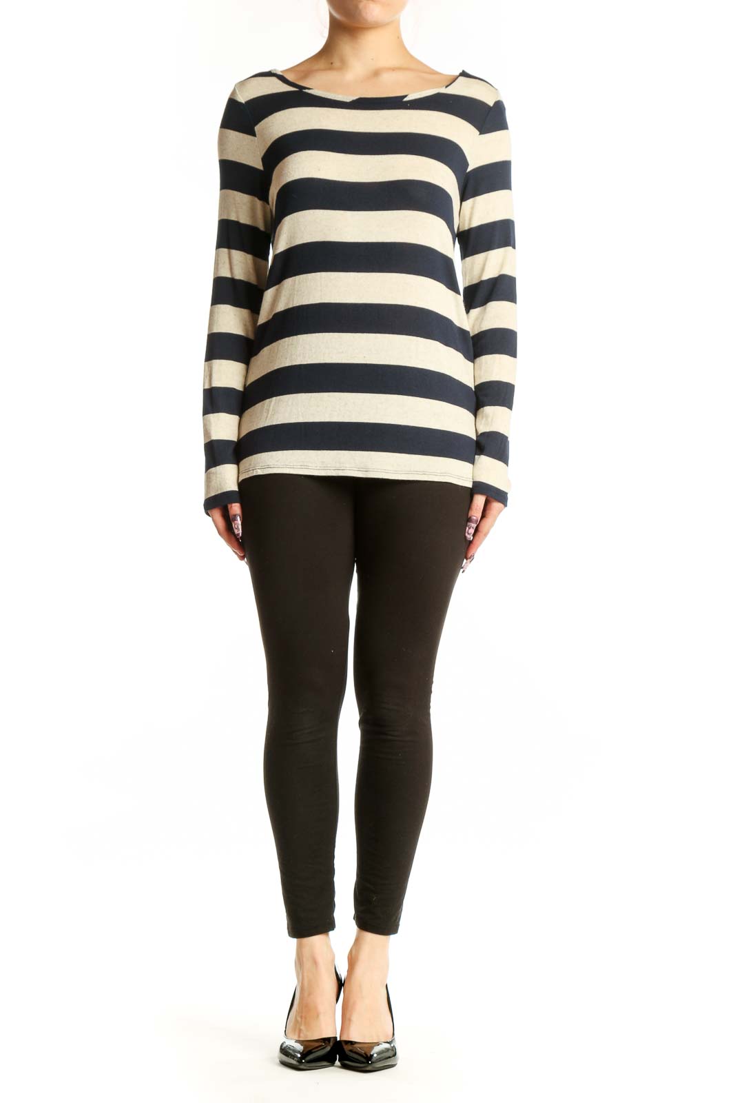 Navy and cream striped long sleeve top with crew neckline, front view