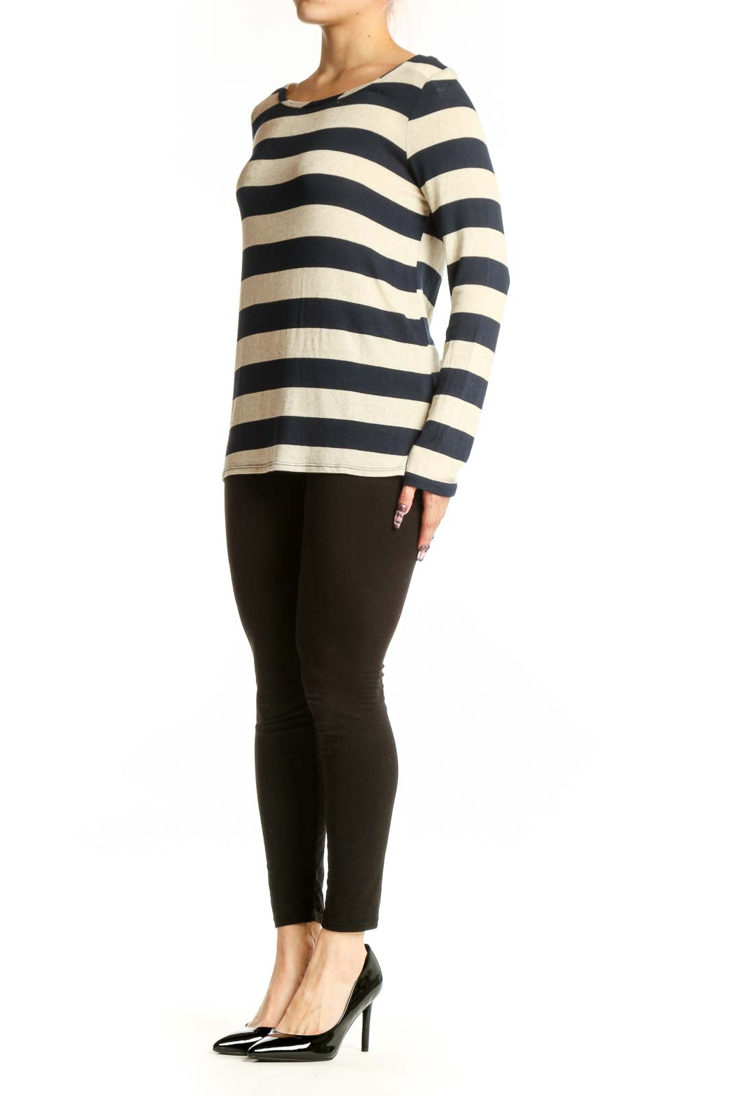 Navy and cream striped long sleeve top with crew neckline, front view