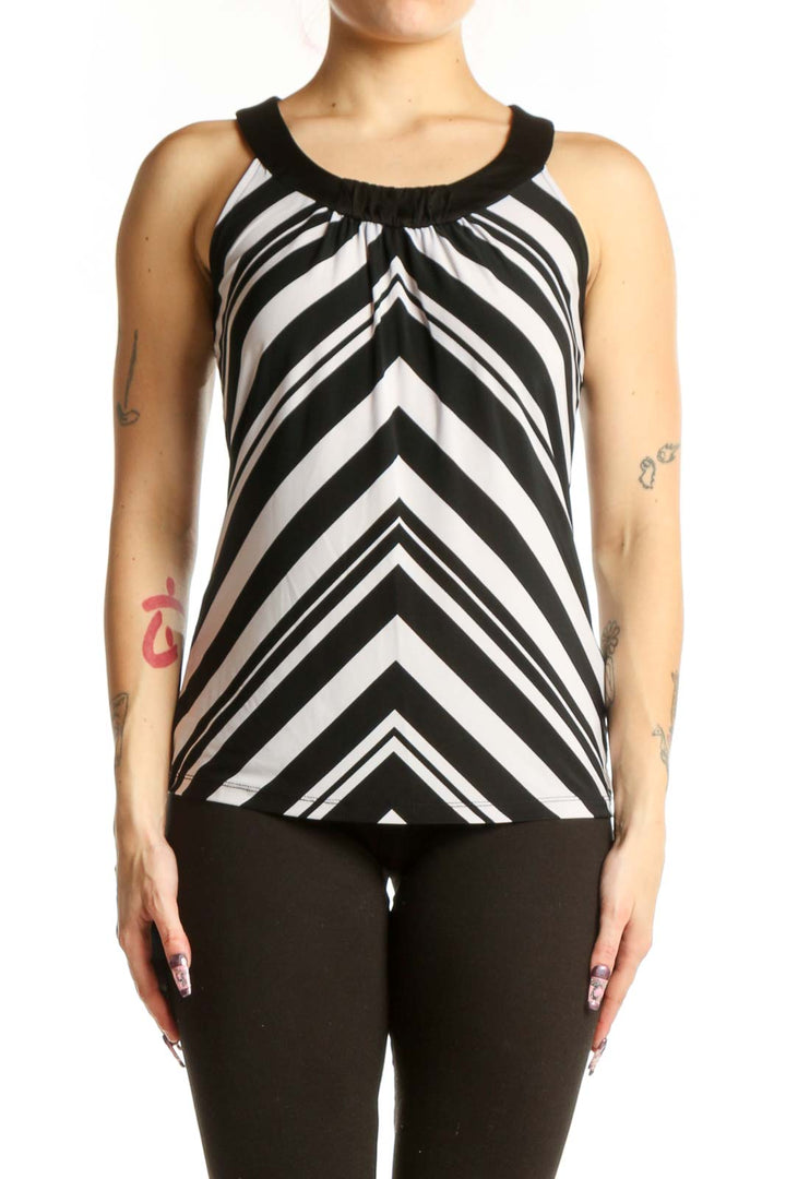 Black and white chevron striped sleeveless tank top with ruched crew neckline, front view