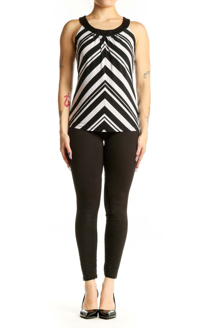 Black and white chevron striped sleeveless tank top with ruched crew neckline, front view