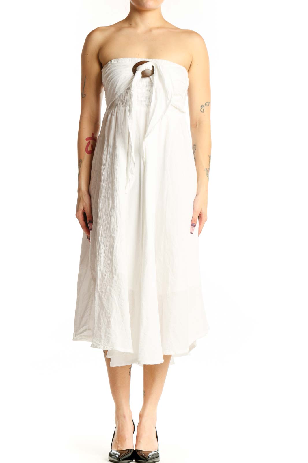 White strapless cotton midi dress with tie-front detail and A-line silhouette, front view