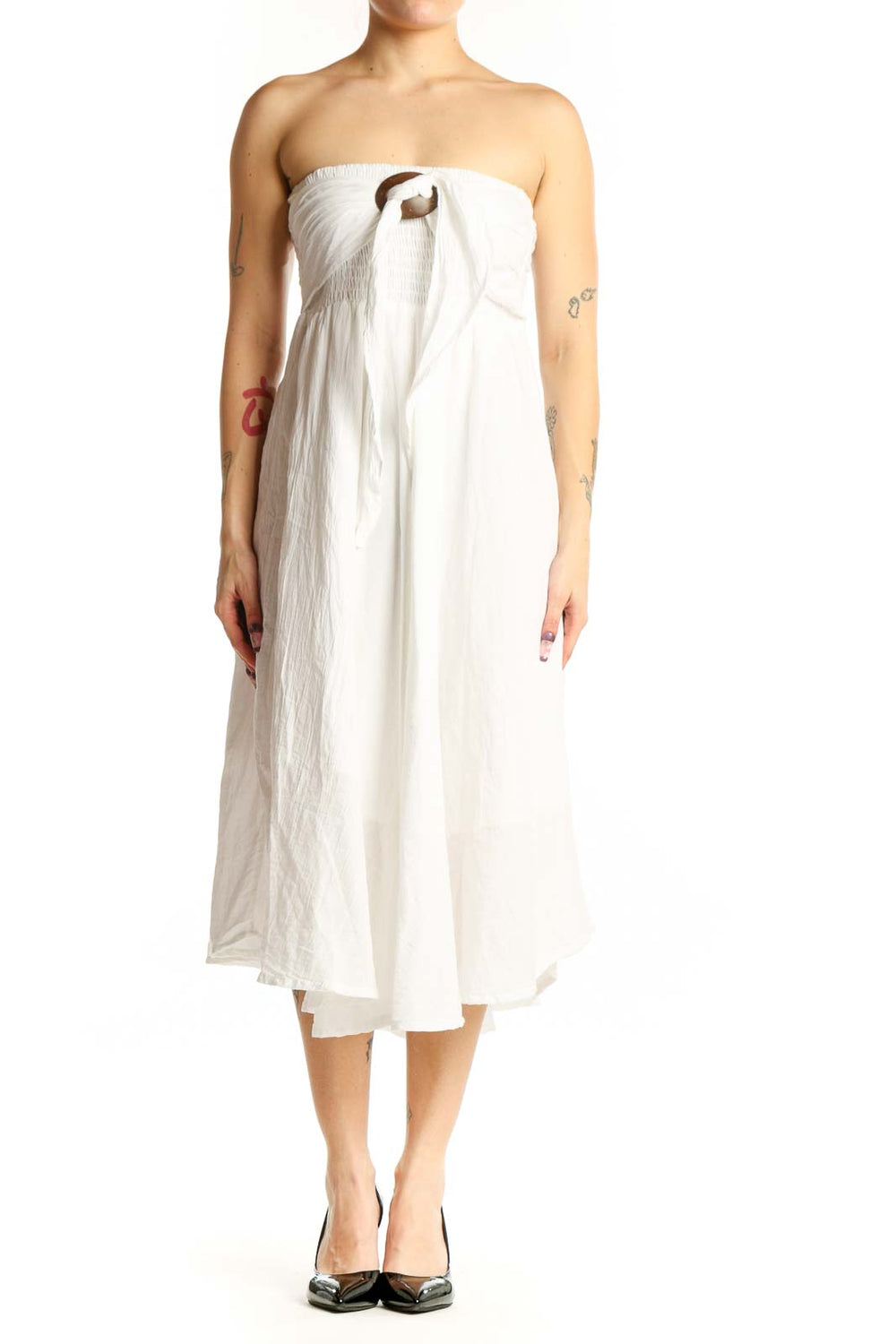 White strapless cotton midi dress with tie-front detail and A-line silhouette, front view