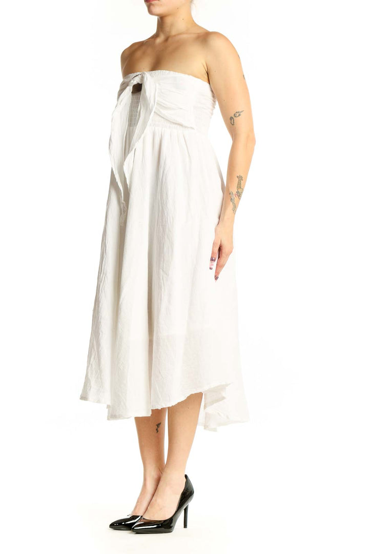 White strapless cotton midi dress with tie-front detail and A-line silhouette, front view