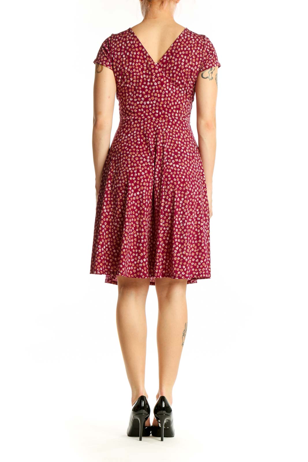 Burgundy floral wrap dress with short sleeves and A-line silhouette, back view on model