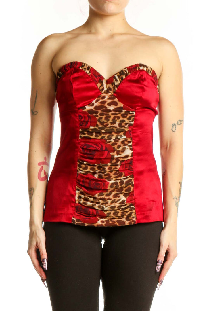 Red and leopard print strapless bustier top with color-block design and sweetheart neckline, front view