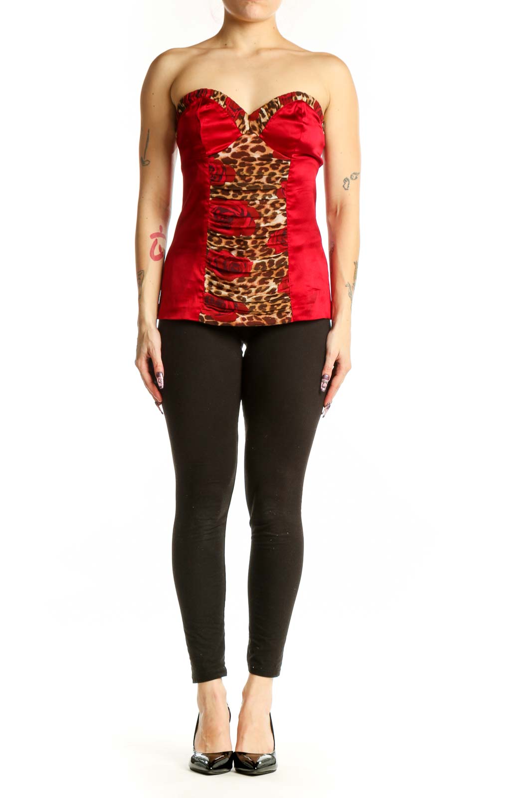 Red and leopard print strapless bustier top with color-block design and sweetheart neckline, front view