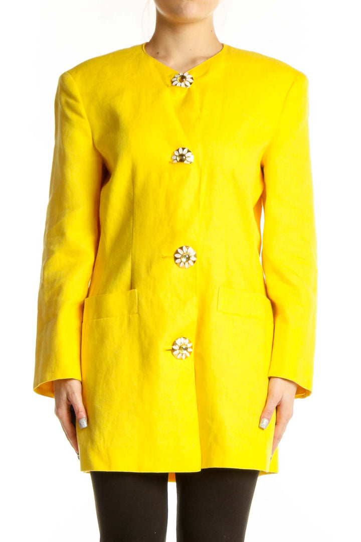 Front view of vibrant yellow Max Mara jacket with jeweled button-front closure and tailored silhouette