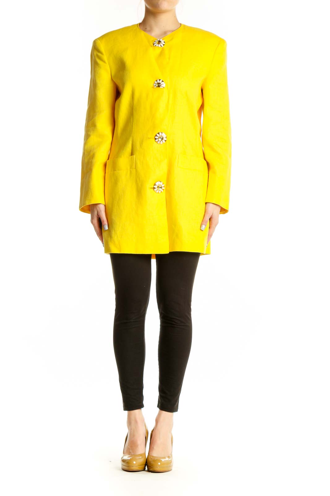 Front view of vibrant yellow Max Mara jacket with jeweled button-front closure and tailored silhouette