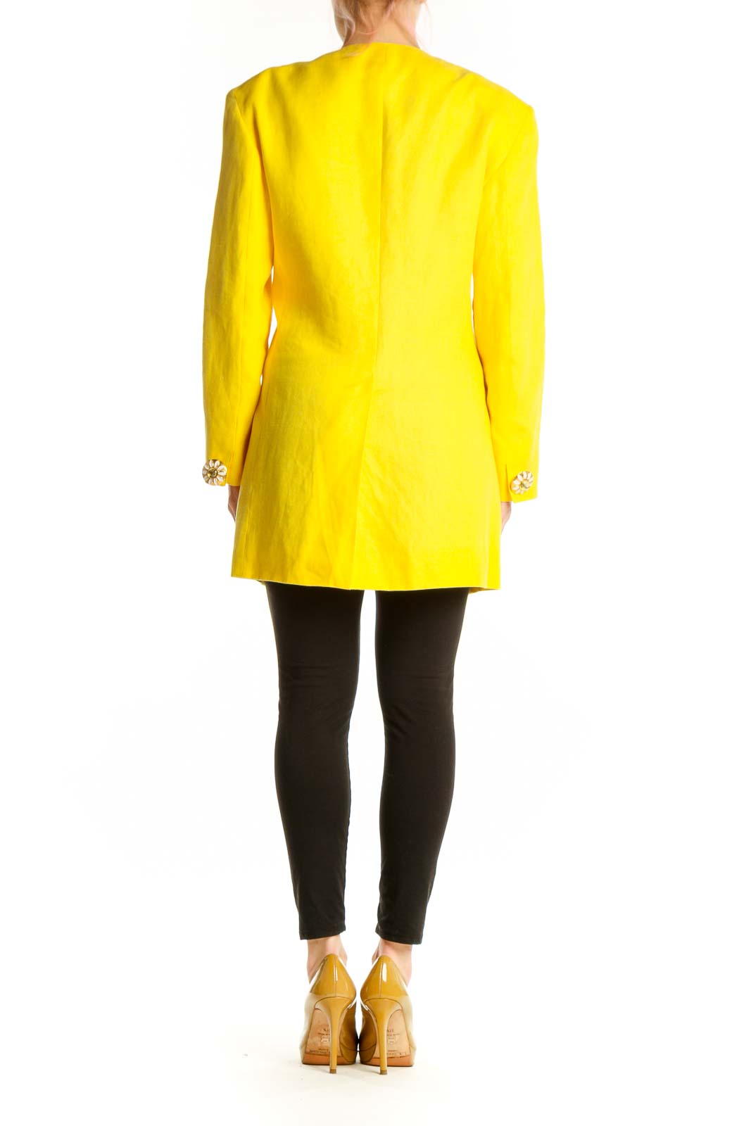 Back view of yellow cupro-linen Max Mara jacket showing tailored fit and structured design