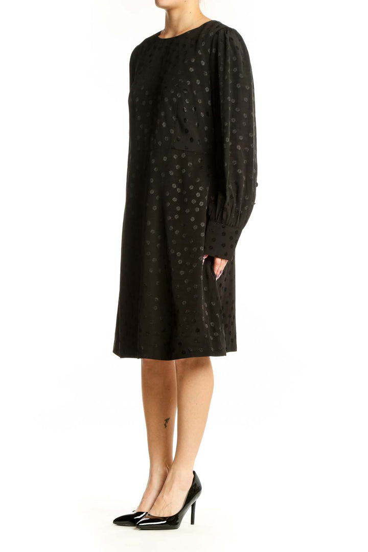 Black polka dot long sleeve dress with crew neckline and A-line silhouette, front view