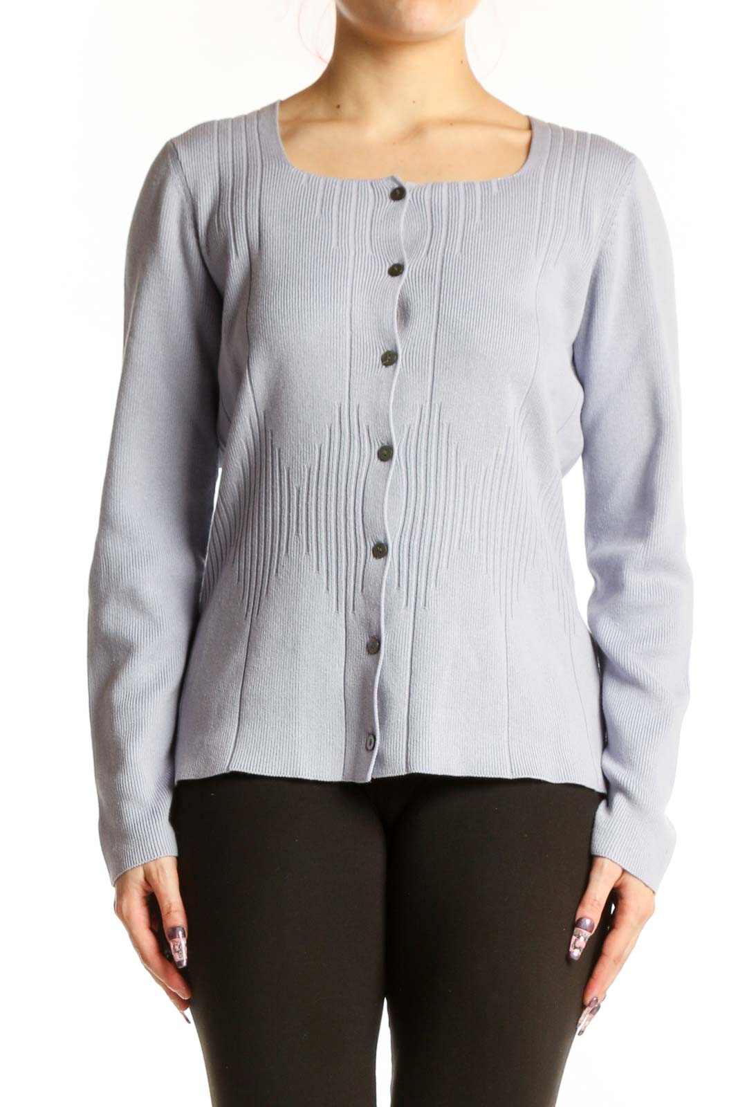 Lavender cashmere silk cardigan with button-front closure and pleated detailing, front view